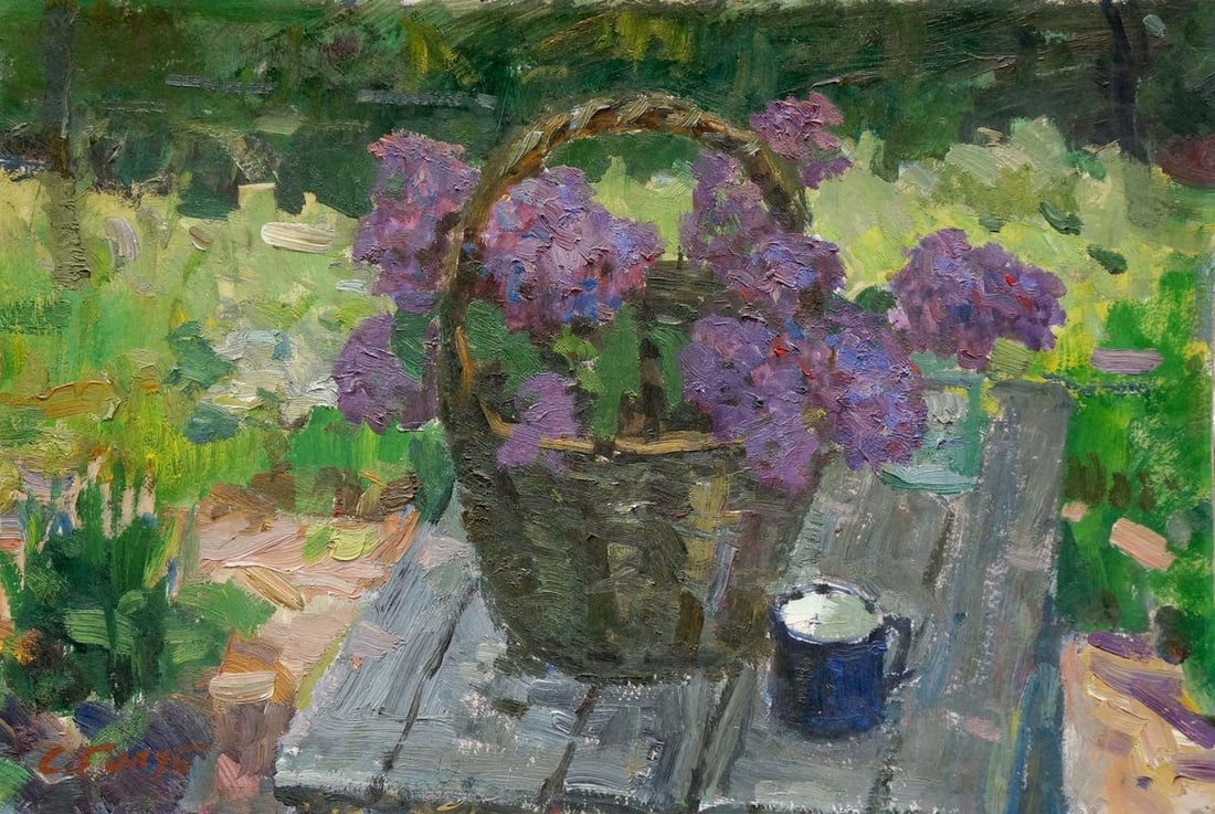 Oil painting Lilac with a mug Stepan Filippovich Golub: Verns 239 *** ABOUT THIS PAINTING *** * TITLE: "Lilac with a mug" * ARTISTS: Stepan Filippovich Golub * SIZE: 40x60 cm/15.74x23.62 inches' * MEDIUM: oil, cardboard * HAND PAINTED: Original painting fr