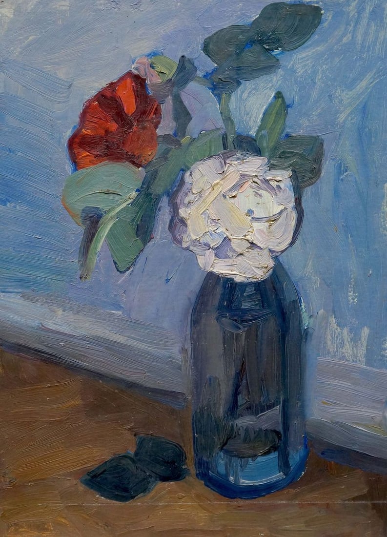 Oil painting Roses in a bottle Samokhin Vladimir Kalistratovich: Verns 262 *** ABOUT THIS PAINTING *** * TITLE: "Roses in a bottle" * ARTISTS: Samokhin Vladimir Kalistratovich * SIZE: 42x31 cm/16.53x12.20 inches' * MEDIUM: oil, cardboard * HAND PAINTED: Original pa