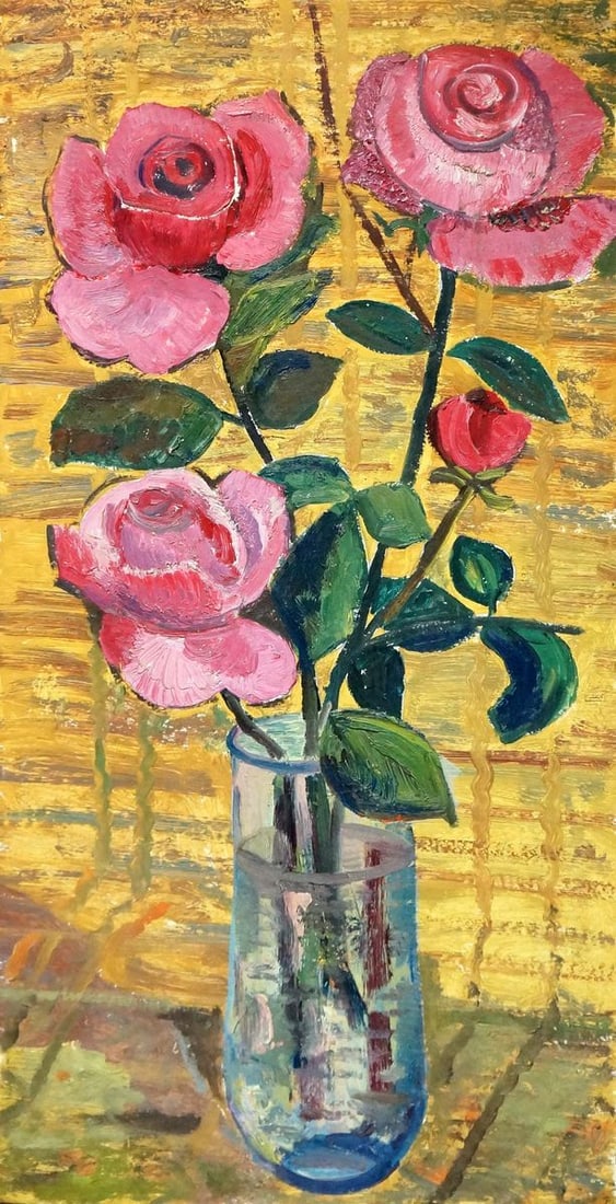 Oil painting Roses Lesʹ: Verns 347 *** ABOUT THIS PAINTING *** * TITLE: "Roses" * ARTISTS: Lesʹ * SIZE: 79x42 cm/31.10x16.53 inches' * MEDIUM: oil, cardboard * HAND PAINTED: Original painting from our collection * CONDIT