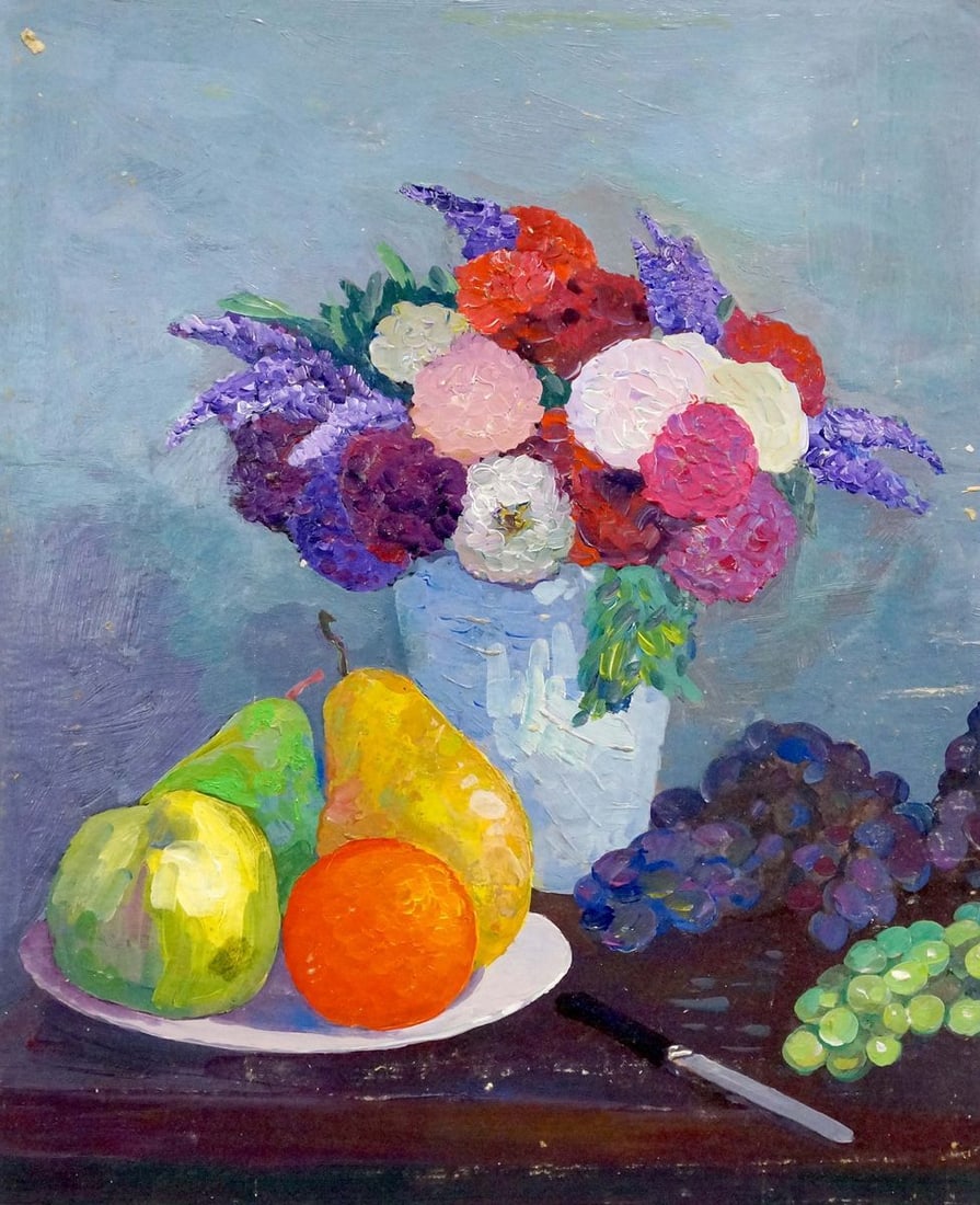 Oil painting Still life: Verns 407 *** ABOUT THIS PAINTING *** * TITLE: "Still life" * ARTISTS: Unknown artist * SIZE: 49x40 cm/19.29x15.74 inches' * MEDIUM: oil, cardboard * HAND PAINTED: Original painting from our collectio