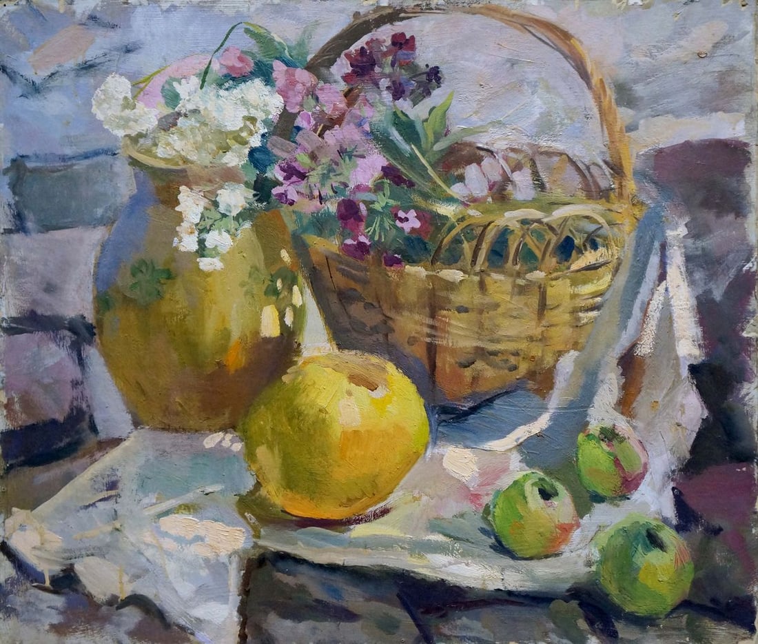 Oil painting Flowers and fruits: Verns 409 *** ABOUT THIS PAINTING *** * TITLE: "Flowers and fruits" * ARTISTS: Unknown artist * SIZE: 50x58 cm/19.68x22.83 inches' * MEDIUM: oil, cardboard * HAND PAINTED: Original painting from our c