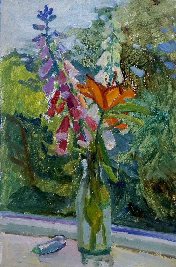 Oil painting Flowers in a bottle: Verns 419 *** ABOUT THIS PAINTING *** * TITLE: "Flowers in a bottle" * ARTISTS: Unknown artist * SIZE: 49x32 cm/19.29x12.59 inches' * MEDIUM: oil, cardboard * HAND PAINTED: Original painting from our 