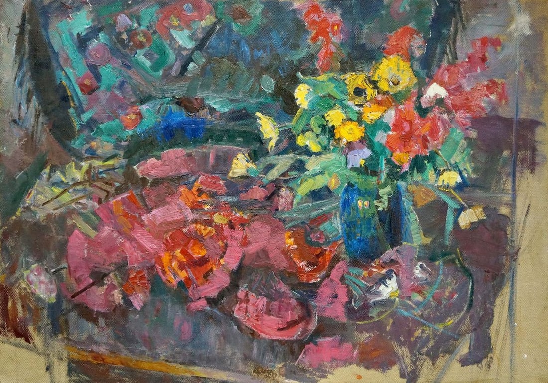 Oil painting Shvab Vladimir Flowers on the table: Verns 446 *** ABOUT THIS PAINTING *** * TITLE: "Flowers on the table" * ARTISTS: Shvab Vladimir * SIZE: 70x100 cm/27.55x39.37 inches' * MEDIUM: oil, cardboard * HAND PAINTED: Original painting from ou