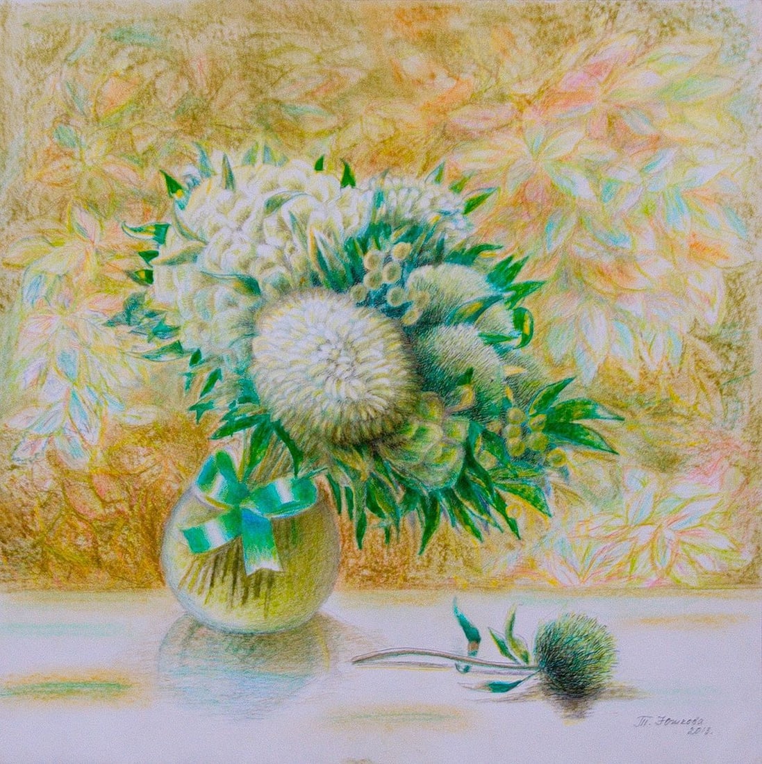Color pencil painting Green bouquet Kytkov Svatoslav: Kytkov 18 *** ABOUT THIS PAINTING *** * TITLE: "Green bouquet" * ARTISTS: Kytkov Svatoslav * SIZE: 43x43 cm/16.92x16.92 inches' * paintings sell without frame * MEDIUM: color pencil, paper * HAND PAIN