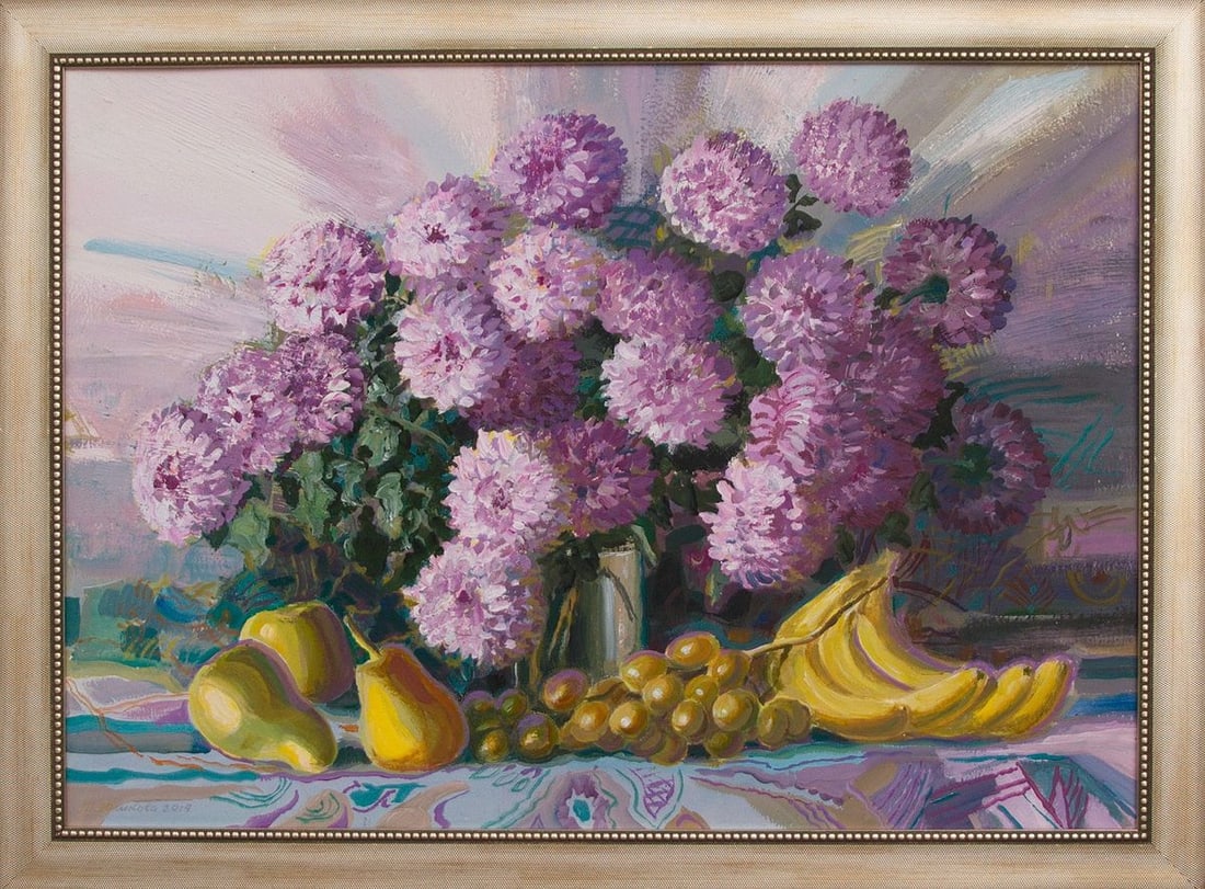 Acrylic painting Still life with chrysanthemums Kytkov Svatoslav: Kytkov 20 *** ABOUT THIS PAINTING *** * TITLE: "Still life with chrysanthemums" * ARTISTS: Kytkov Svatoslav * SIZE: 50x70 cm/19.68x27.55 inches' * paintings sell without frame * MEDIUM: acrylic,