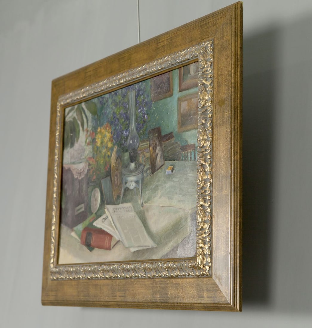 Oil Painting Still Life / Painting with Books Food Drink Flowers on the Table - 2