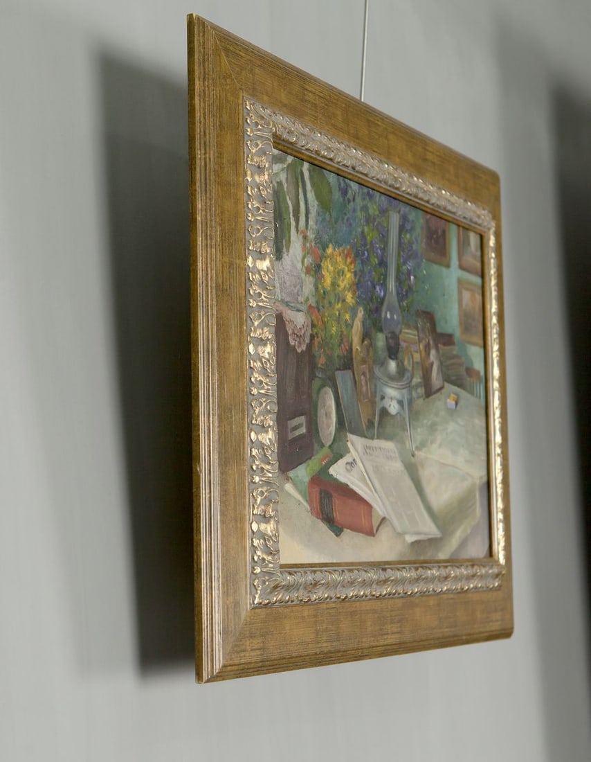 Oil Painting Still Life / Painting with Books Food Drink Flowers on the Table - 3