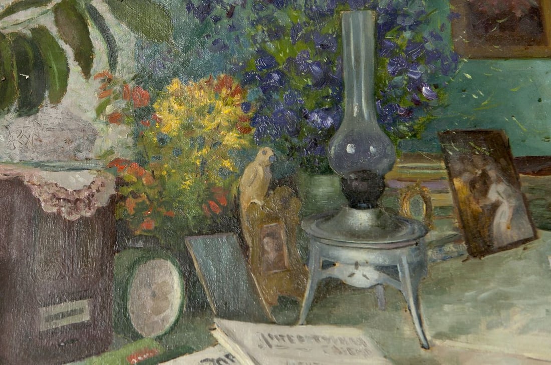 Oil Painting Still Life / Painting with Books Food Drink Flowers on the Table - 4