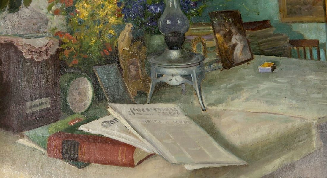 Oil Painting Still Life / Painting with Books Food Drink Flowers on the Table - 5