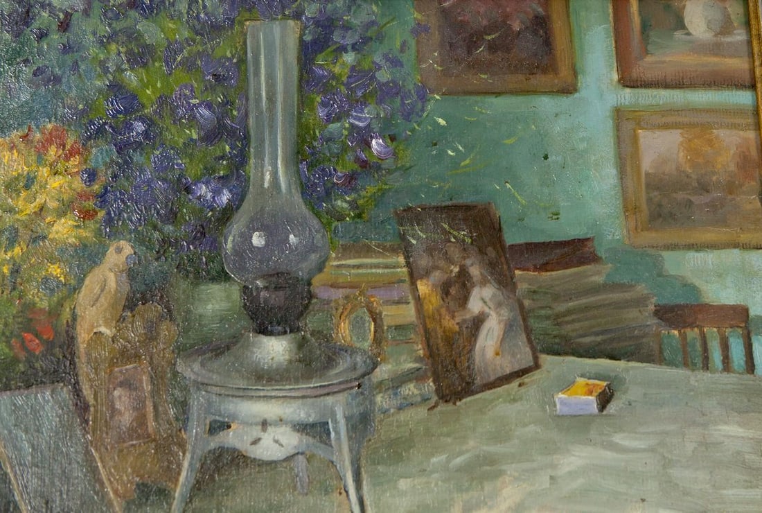 Oil Painting Still Life / Painting with Books Food Drink Flowers on the Table - 6