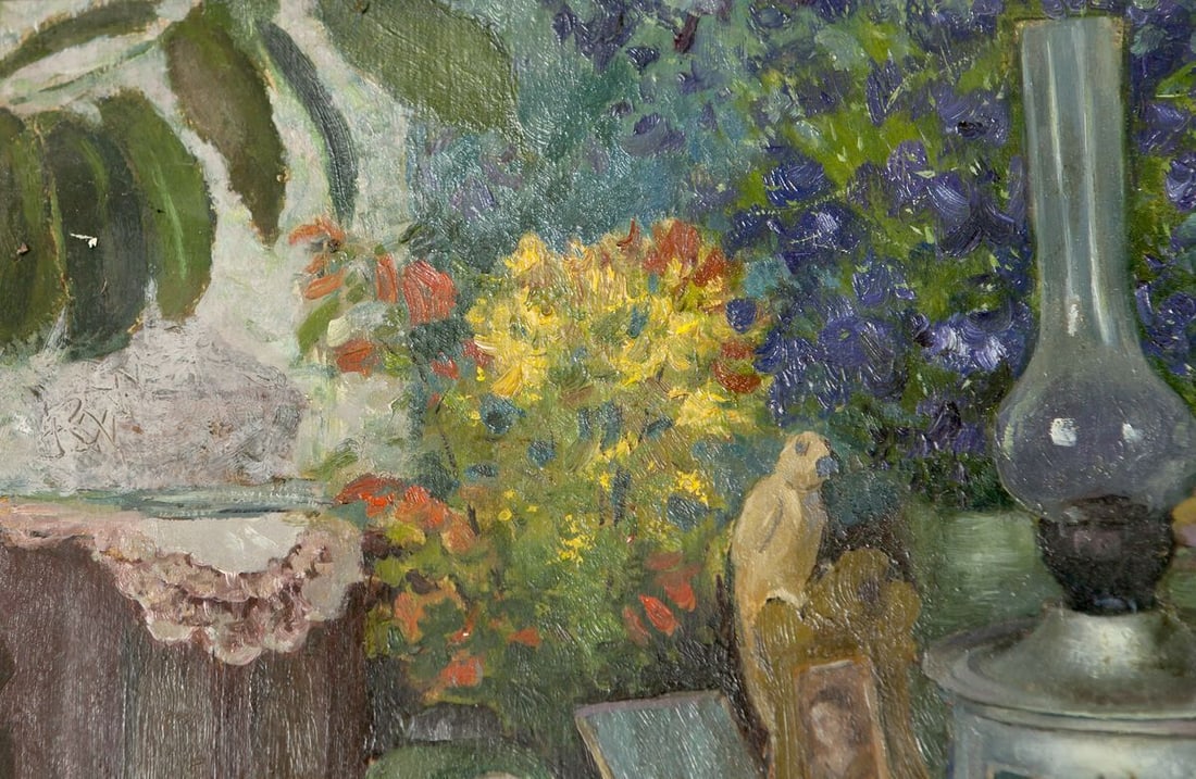 Oil Painting Still Life / Painting with Books Food Drink Flowers on the Table - 7