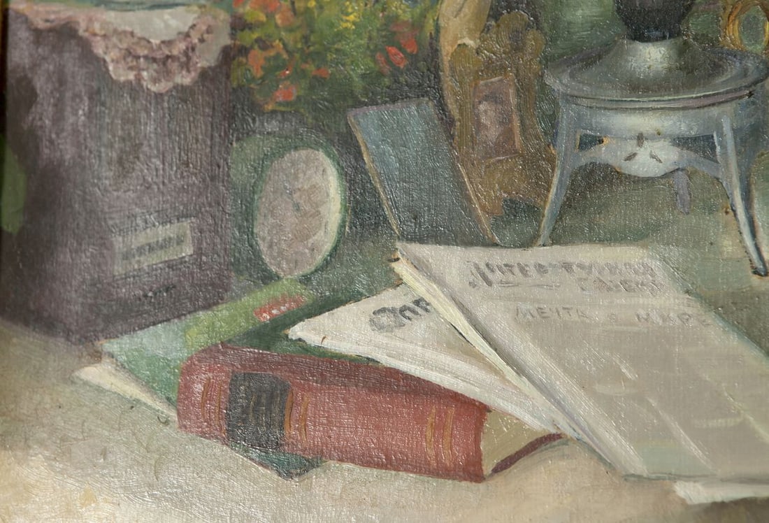 Oil Painting Still Life / Painting with Books Food Drink Flowers on the Table - 8