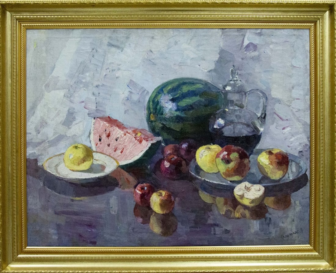 Oil painting Still life with watermelon Kerzhner Alexander Haskelevich: Vernd 174 *** ABOUT THIS PAINTING *** * TITLE: "Still life with watermelon" * ARTISTS: Kerzhner Alexander Haskelevich * SIZE: 68x89 cm/26.77x35.03 inches' * MEDIUM: oil, canvas * HAND PAINTED: Origina