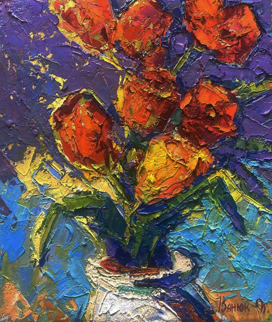 Oil painting Tulips in a vase a spring day Oleksiy Ivanyuk: Kalen 1631The Oil painting Canvas titled Tulips in a vase a spring day is a celebration of life, renewal, and the eternal beauty of nature’s colors brought to their full vibrancy through the