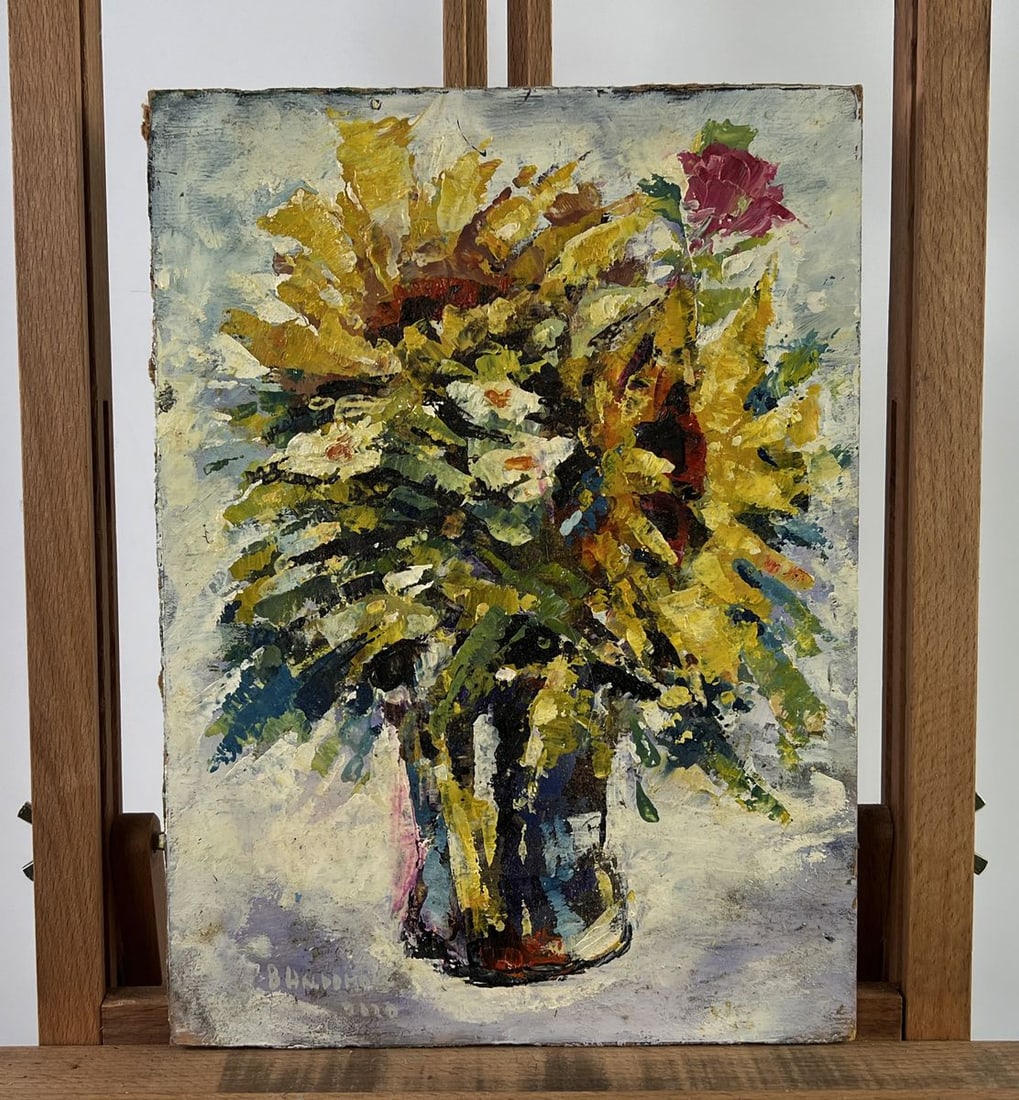 Oil painting Daisies and sunflowers Vadim Aksenov: AAA5036The oil painting on hardboard titled "Daisies and sunflowers" is a vibrant and expressive floral composition that radiates warmth, joy, and the essence of summer in full bloom. At the heart of