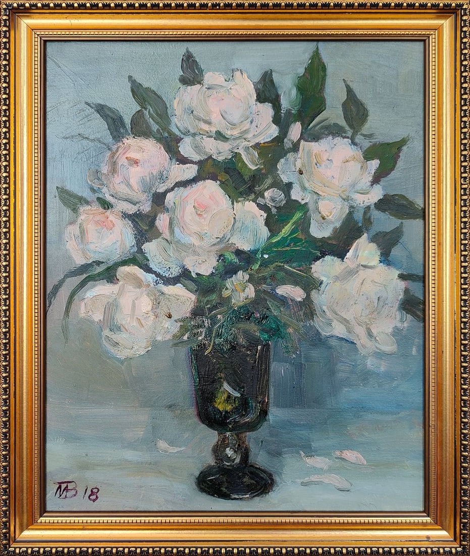 Oil painting White peonies Mishurovsky V. V.: 24 *** ABOUT THIS PAINTING *** * TITLE: "White peonies" * ARTISTS: Mishurovsky V. V. * SIZE:35,526,5 cm/ 13,97x10,43 inches * MEDIUM: Oil, cardboard * HAND PAINTED: Original painting from our