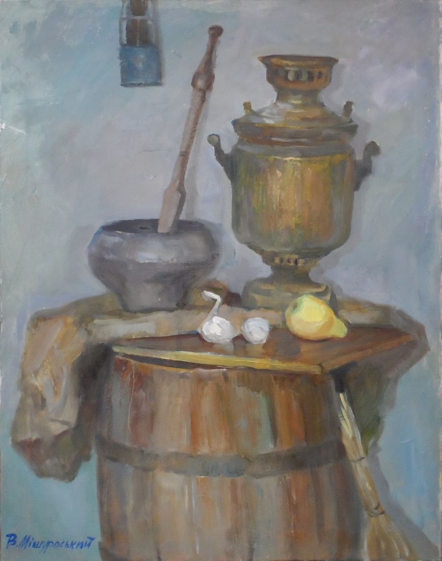 Oil painting Still life in pantry Mishurovsky V. V.: 104 *** ABOUT THIS PAINTING *** * TITLE: "Still life in pantry" * ARTISTS: Mishurovsky V. V. * SIZE: 70x50 cm / 27,55x19,68 inches * MEDIUM: Oil, canvas * HAND PAINTED: Original painting from our
