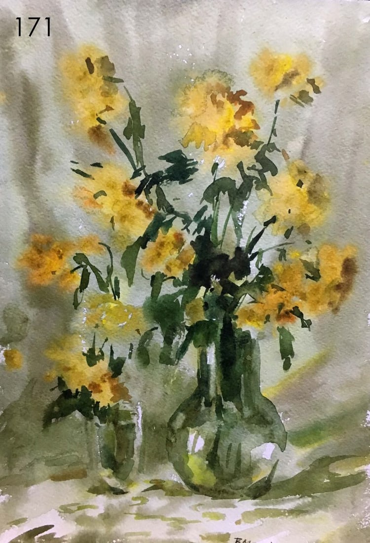 Still life yellow flowers watercolor painting Viktor Mikhailichenko: 171 * TITLE: "Still life yellow flowers" * ARTIST: Viktor Mikhailichenko * SIZE: 30x21 cm/11.81x8.26 inches' * MEDIUM: watercolor, cardboard * HAND PAINTED: Original painting from our collection * CON