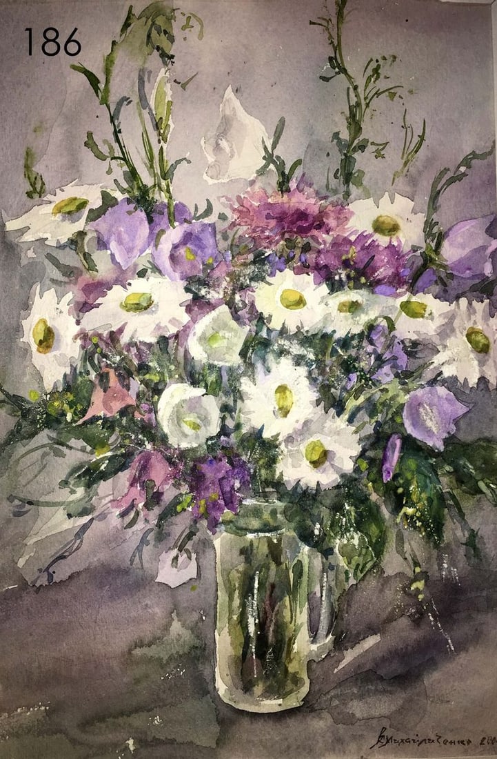 Flowers watercolor painting Viktor Mikhailichenko: 186 * TITLE: "Flowers" * ARTIST: Viktor Mikhailichenko * SIZE: 20x29 cm/7,87x11,41 inches' * MEDIUM: watercolor, cardboard * HAND PAINTED: Original painting from our collection * CONDITION: we tried t