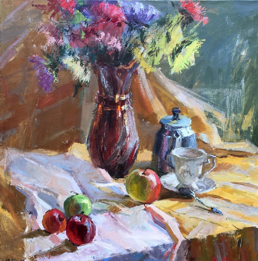 Flowers oil painting Vladimir Kuts: 260 * TITLE: "Flowers" * ARTISTS: Vladimir Kuts - very expensive painter * SIZE: 92x92 cm/36.22x36.22 inches' * MEDIUM: oil, canvas * HAND PAINTED: Original painting from our collection * CONDITION: w