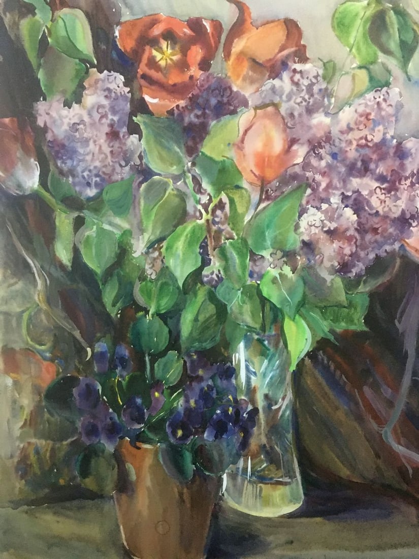 Watercolor painting Tulips with lilacs Palazhchenko Irina - 2