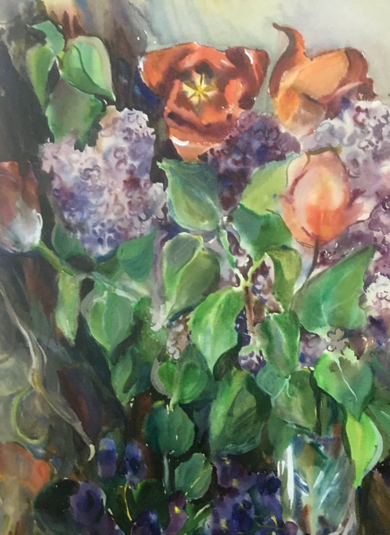 Watercolor painting Tulips with lilacs Palazhchenko Irina - 4