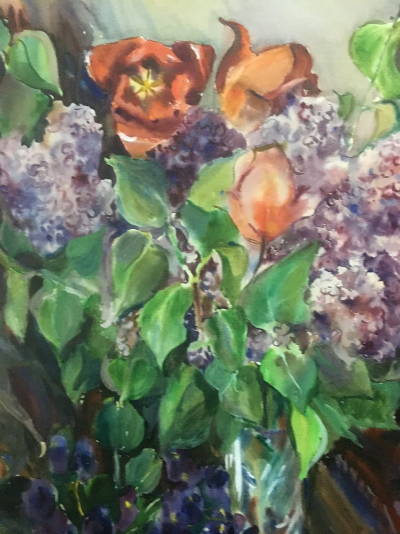 Watercolor painting Tulips with lilacs Palazhchenko Irina - 5