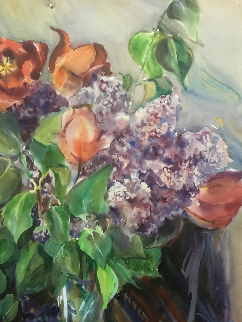 Watercolor painting Tulips with lilacs Palazhchenko Irina - 6