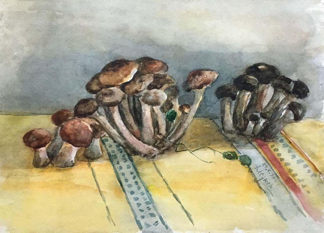 Watercolor painting Mushrooms Dmitry Lednev: 757 *** ABOUT THIS PAINTING *** * TITLE: "Mushrooms" * ARTISTS: Dmitry Lednev * SIZE: 29x40 cm/11.41x15.74 inches' * MEDIUM: watercolor, cardboard * HAND PAINTED: Original painting from our