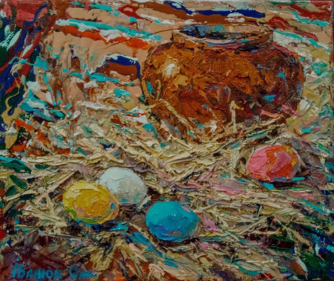 Oil painting Easter days Kalenyuk Oksana: Kalen 60 *** ABOUT THIS PAINTING *** * TITLE: "Easter days" * ARTISTS: Kalenyuk Oksana * SIZE: 25x30 cm/9.84x11.81 inches' * MEDIUM: oil, canvas * HAND PAINTED: Original painting from our collection