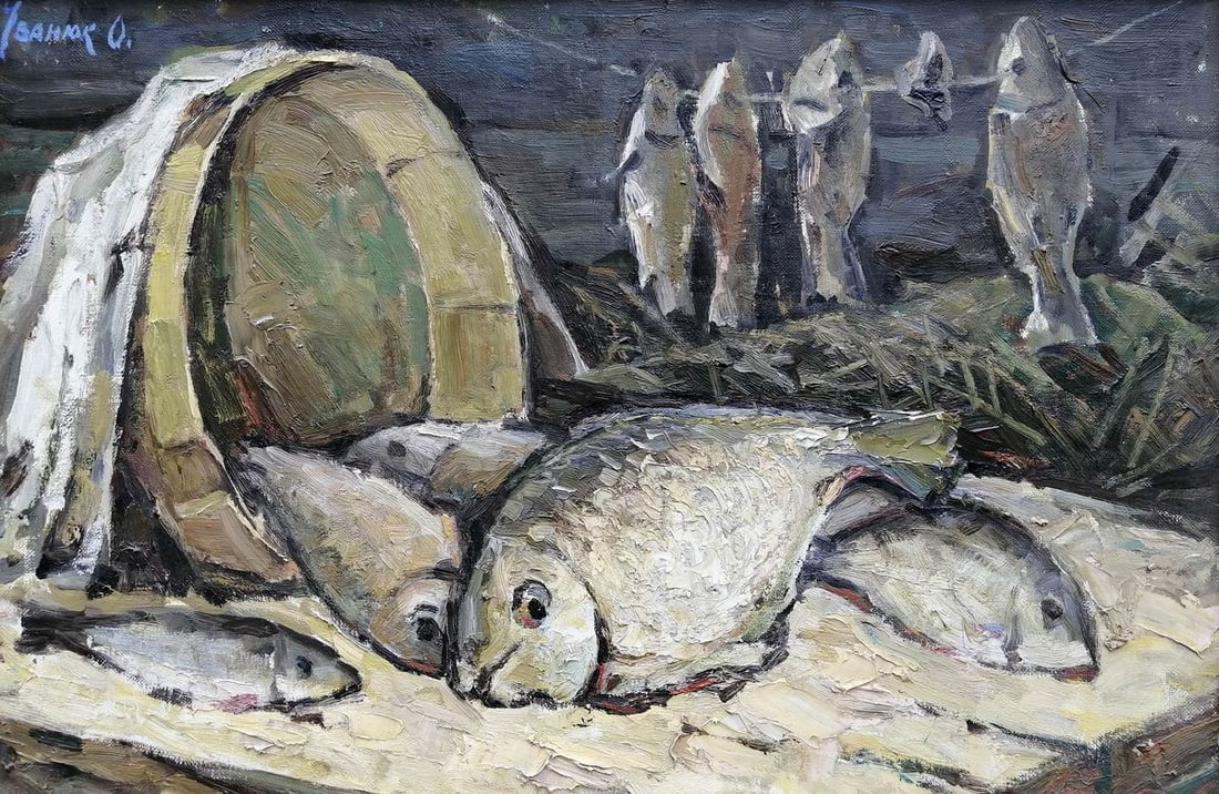 Oil painting Fish on the table Kalenyuk Alex: Kalen 92 *** ABOUT THIS PAINTING *** * TITLE: "Fish on the table" * ARTISTS: Kalenyuk Alex * SIZE: 60x90 cm/23.62x35.43 inches' * MEDIUM: oil, canvas * HAND PAINTED: Original painting from our collect