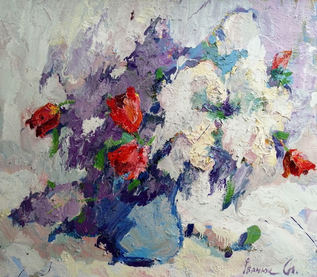Oil painting Bouquet of flowers Kalenyuk Alex: Kalen 109 *** ABOUT THIS PAINTING *** * TITLE: "Bouquet of flowers" * ARTISTS: Kalenyuk Alex * SIZE: 80x70 cm/31.49x27.55 inches' * MEDIUM: oil, canvas * HAND PAINTED: Original painting from our colle
