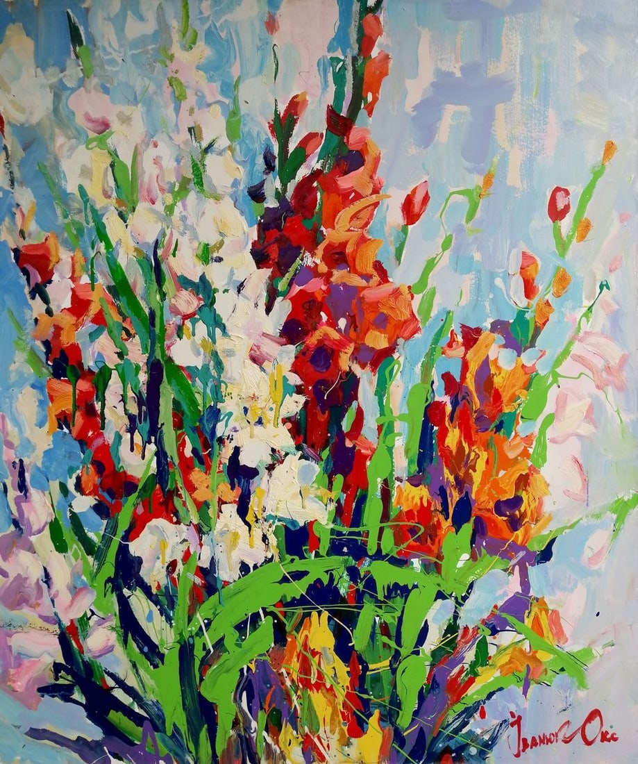 Oil painting Gladiolus Kalenyuk Oksana: Kalen 167 *** ABOUT THIS PAINTING *** * TITLE: "Gladiolus" * ARTISTS: Kalenyuk Oksana * SIZE: 120x100 cm/47.24x39.37 inches' * MEDIUM: oil, canvas * HAND PAINTED: Original painting from our collection