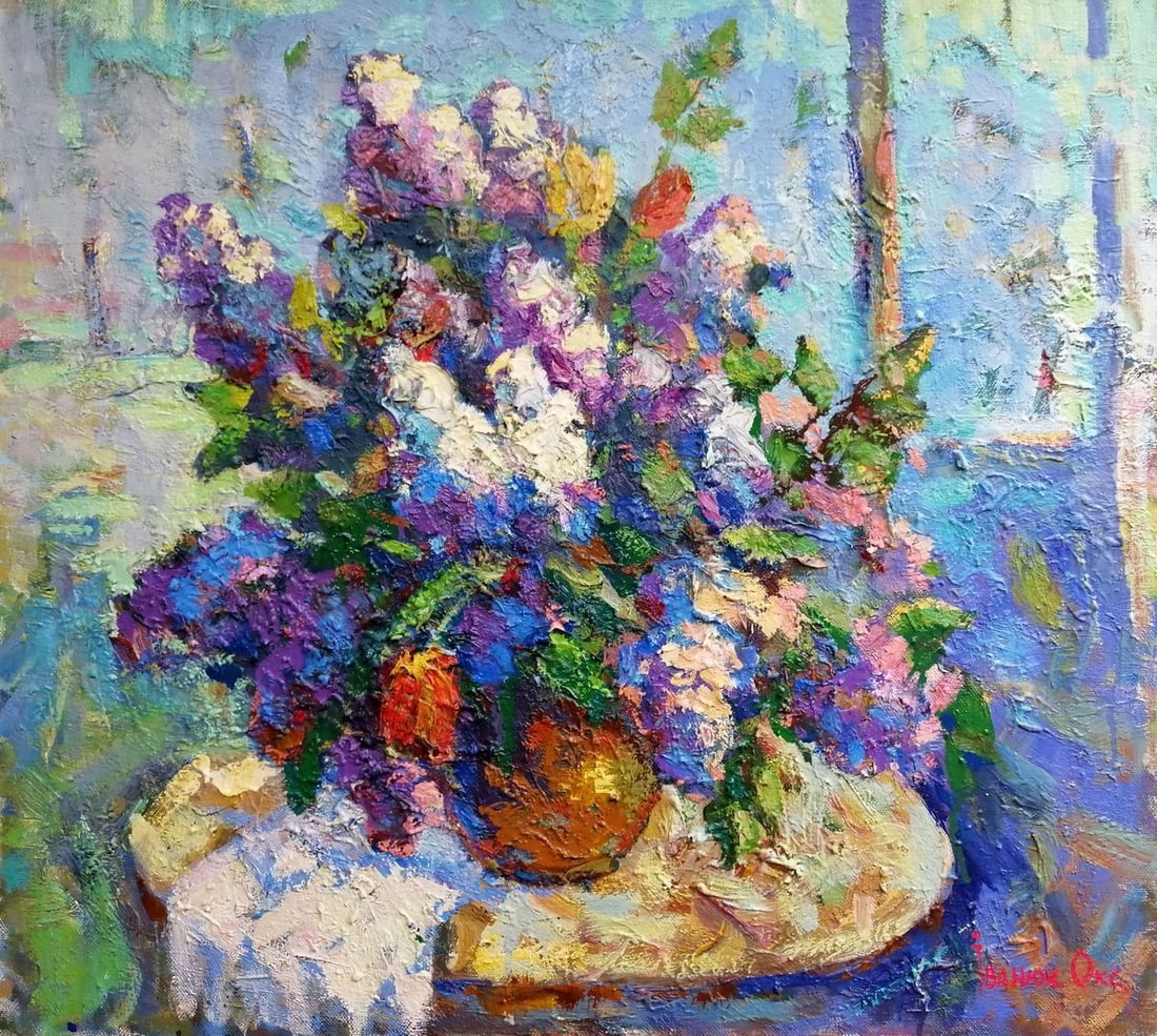 Oil painting Lilac bouquet Kalenyuk Oksana: Kalen 187 *** ABOUT THIS PAINTING *** * TITLE: "Lilac bouquet" * ARTISTS: Kalenyuk Oksana * SIZE: 90x100 cm/35.43x39.37 inches' * MEDIUM: oil, canvas * HAND PAINTED: Original painting from our collect