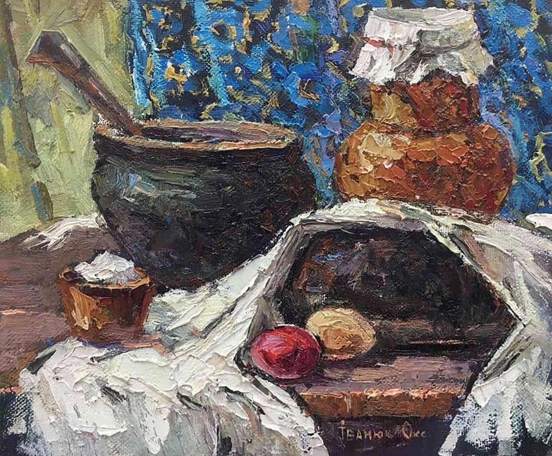 Oil painting Bread on the table Kalenyuk Oksana: Kalen 233 *** ABOUT THIS PAINTING *** * TITLE: "Bread on the table" * ARTISTS: Kalenyuk Oksana * SIZE: 25x30 cm/9.84x11.81 inches' * MEDIUM: oil, canvas * HAND PAINTED: Original painting from our coll