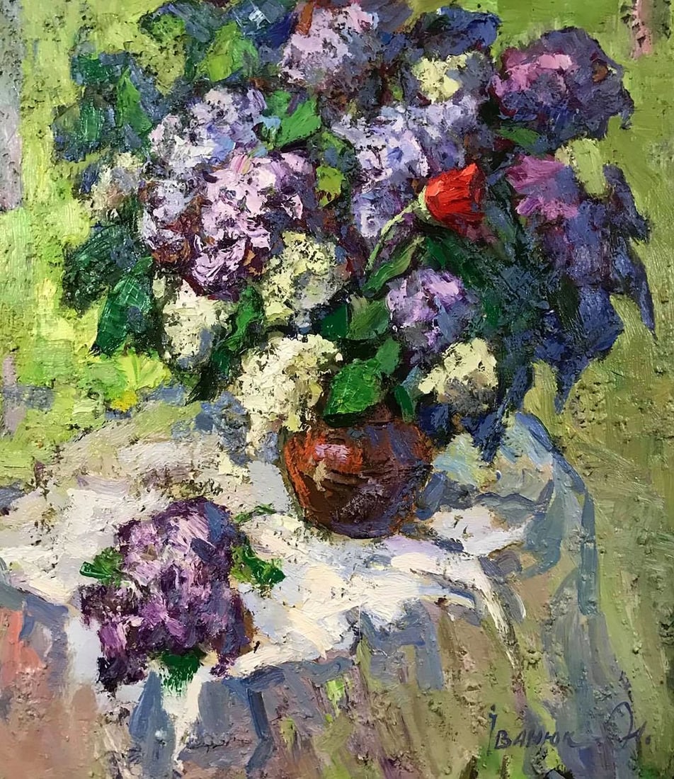 Oil painting A bouquet of lilacs on the table Kalenyuk Alex: Kalen 490 *** ABOUT THIS PAINTING *** * TITLE: "A bouquet of lilacs on the table" * ARTISTS: Kalenyuk Alex * SIZE: 79x69 cm/31.10x27.16 inches' * MEDIUM: oil, canvas * HAND PAINTED: Original painting 