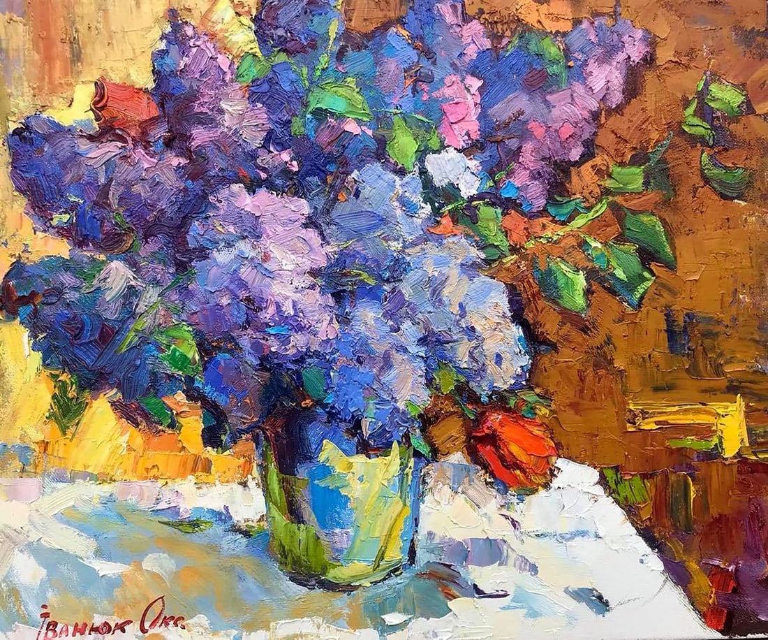 Oil painting Lilac on the table Kalenyuk Oksana: Kalen 500 *** ABOUT THIS PAINTING *** * TITLE: "Lilac on the table" * ARTISTS: Kalenyuk Oksana * SIZE: 50x60 cm/19.68x23.62 inches' * MEDIUM: oil, canvas * HAND PAINTED: Original painting from our col
