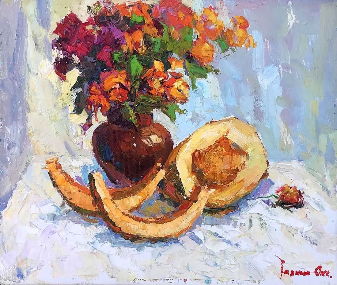 Oil painting Autumn flowers with melon Kalenyuk Oksana (1 of 6)