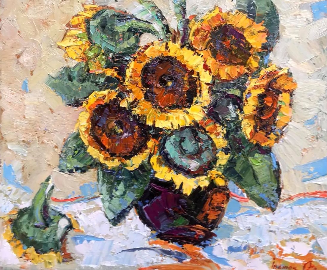 Oil painting Sunflowers on the table Kalenyuk Alex: Kalen 638 *** ABOUT THIS PAINTING *** * TITLE: "Sunflowers on the table" * ARTISTS: Kalenyuk Alex * SIZE: 50x60 cm/19.68x23.62 inches' * MEDIUM: oil, canvas * HAND PAINTED: Original painting from our 