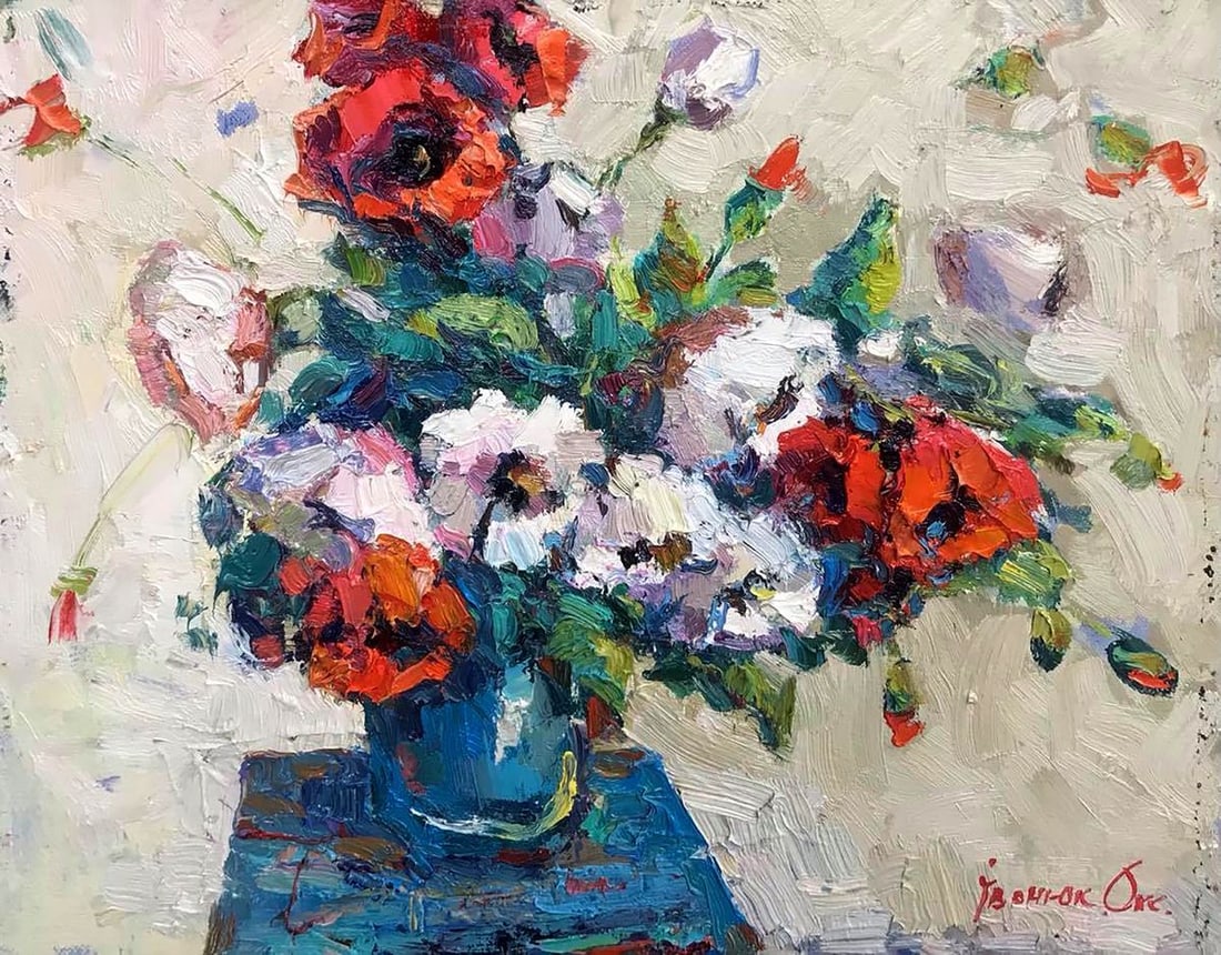 Oil painting Poppy on a chair Kalenyuk Oksana: Kalen 639 *** ABOUT THIS PAINTING *** * TITLE: "Poppy on a chair" * ARTISTS: Kalenyuk Oksana * SIZE: 40x50 cm/15.74x19.68 inches' * MEDIUM: oil, canvas * HAND PAINTED: Original painting from our