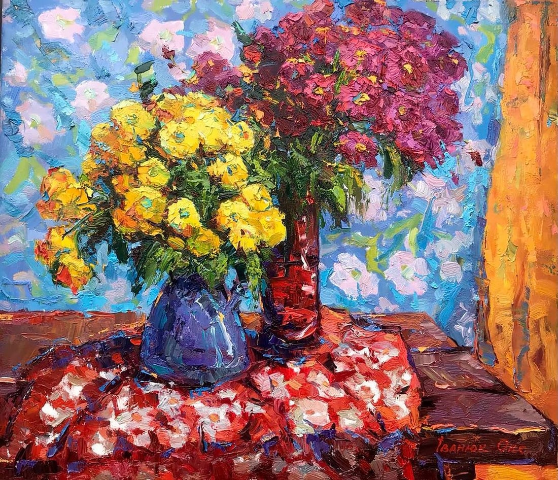 Oil painting Chrysanthemum flowers Kalenyuk Oksana: Kalen 656 *** ABOUT THIS PAINTING *** * TITLE: "Chrysanthemum flowers" * ARTISTS: Kalenyuk Oksana * SIZE: 60x70 cm/23.62x27.55 inches' * MEDIUM: oil, canvas * HAND PAINTED: Original painting from our 