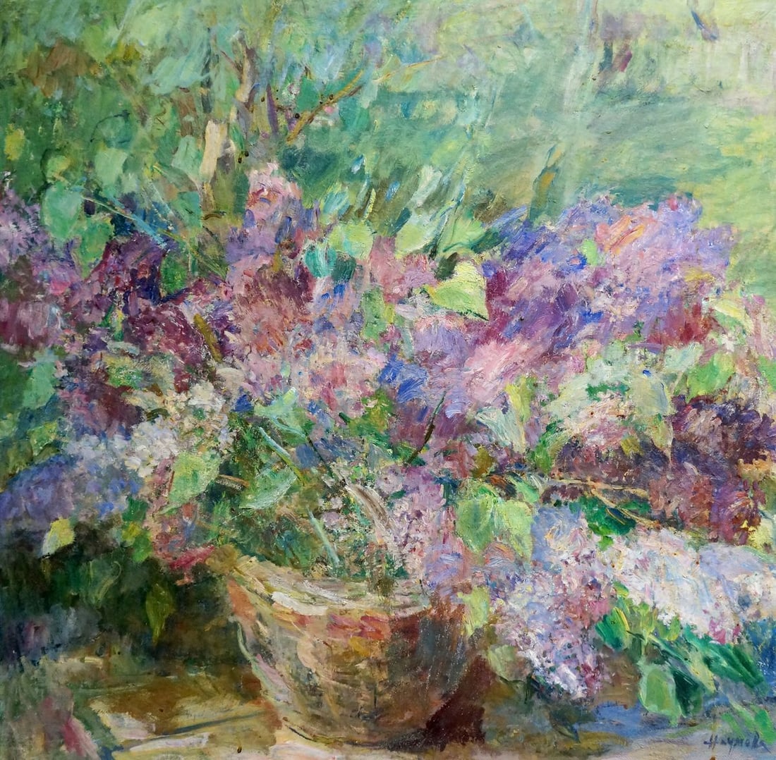 Oil painting Lilac in a basket Naumova Tamara Sergeevna (1 of 10)