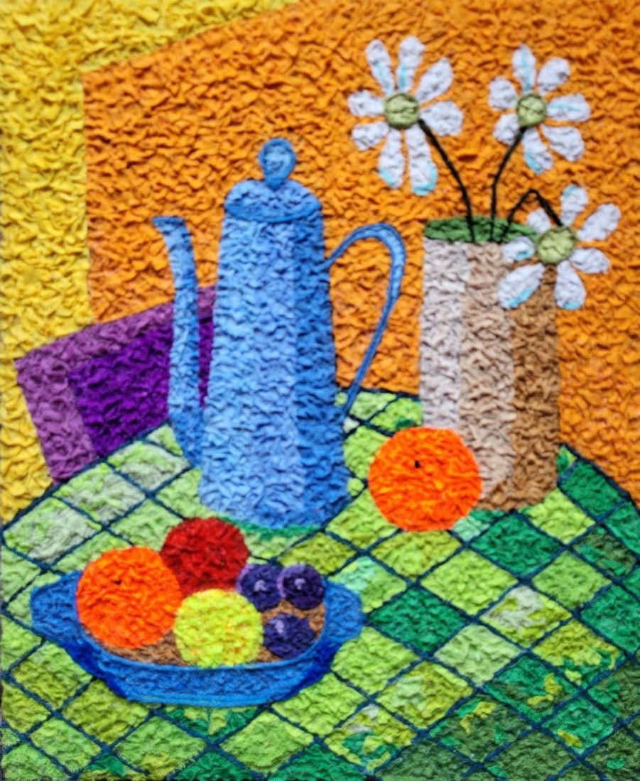 Handicraft Still life with a blue teapot: Title: Handicraft Still life with a blue teapot Description: 28Serd Painter: S?ze: 40x33 cm/15,75x12,99 inches Components: Fabric, glue, fiberboard Original Artwork from our collection ERA: Reserve: