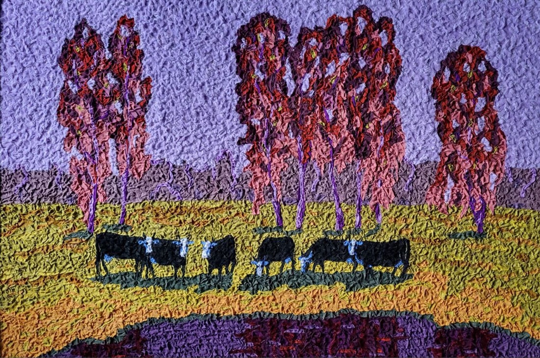 Handicraft Autumn evening: Title: Handicraft Autumn evening Description: 31Serd Painter: S?ze: 47x70 cm/18,50x27,56 inches Components: Fabric, glue, fiberboard Original Artwork from our collection ERA: 2023 Reserve: $290.00