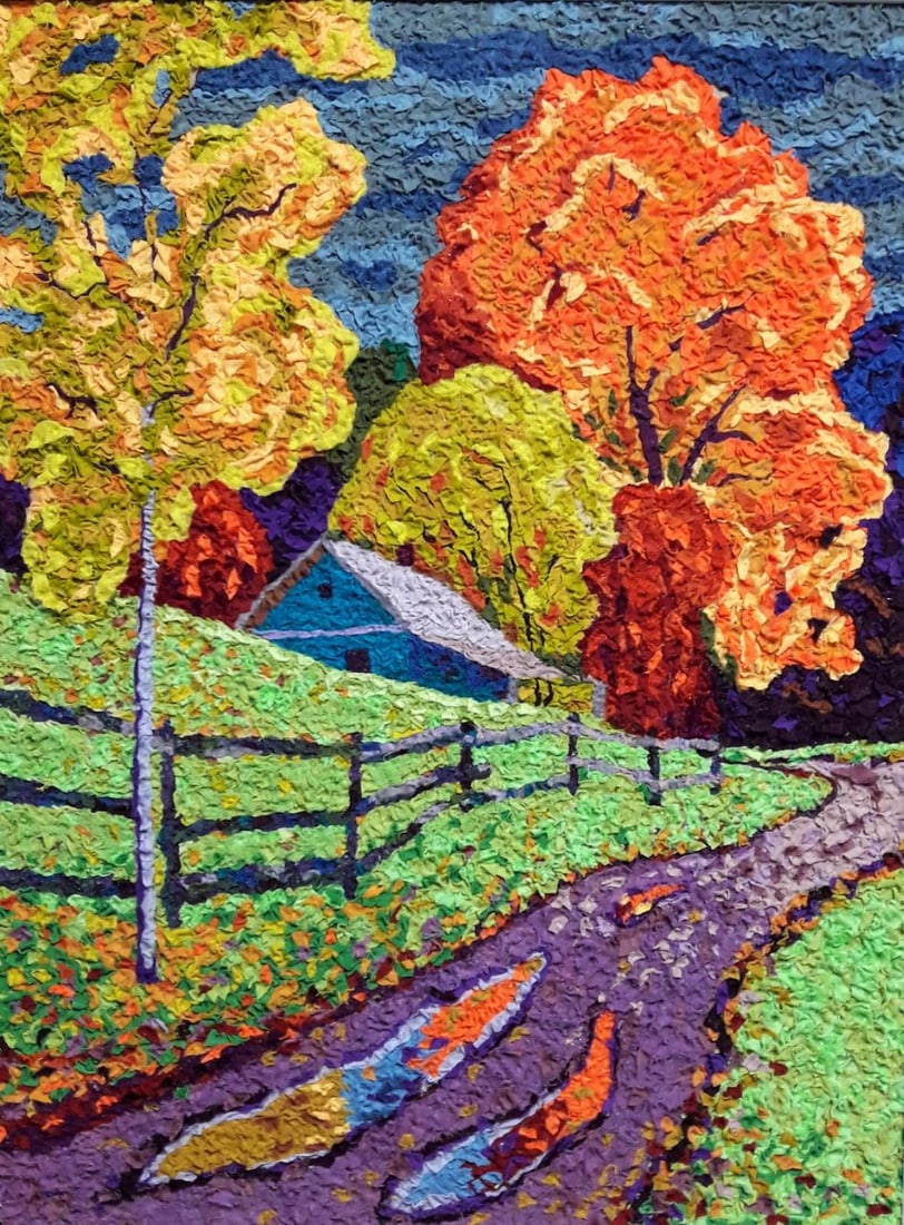 Handicraft Autumn is in full swing: Title: Handicraft Autumn is in full swing Description: 33Serd Painter: S?ze: 60x45 cm/23,62x17,71 inches Components: Fabric, glue, fiberboard Original Artwork from our collection ERA: 2022 Reserve: $