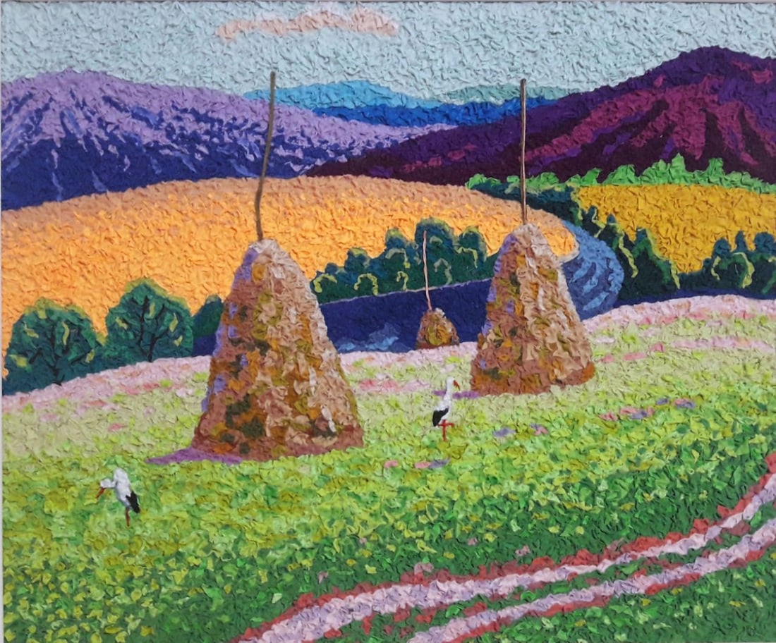 Handicraft Haystacks: Title: Handicraft Haystacks Description: 45Serd Painter: S?ze: 50x60 cm/19,68x23,62 inches Components: Fabric, glue, fiberboard Original Artwork from our collection ERA: Reserve: $290.00 Shipp
