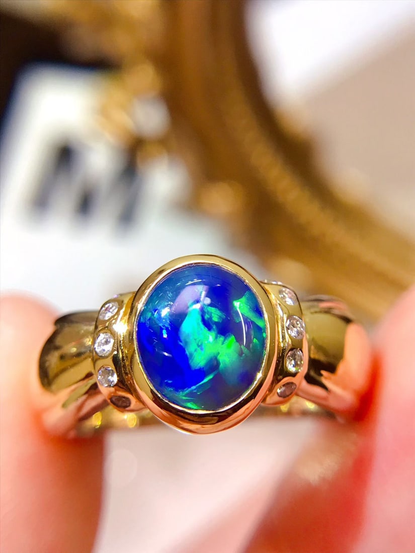 18K Gold Natural Black Opal Ring - 2
