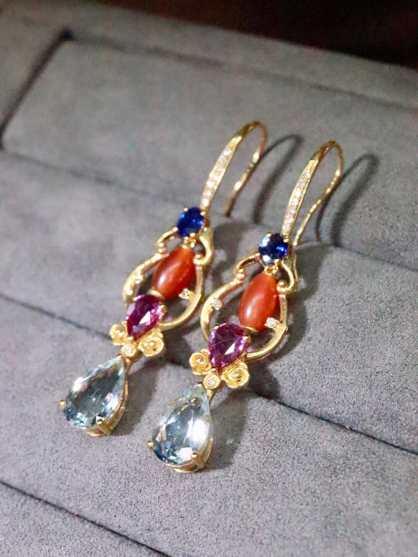 18K Gold Natural Aquamarine Earrings - 2