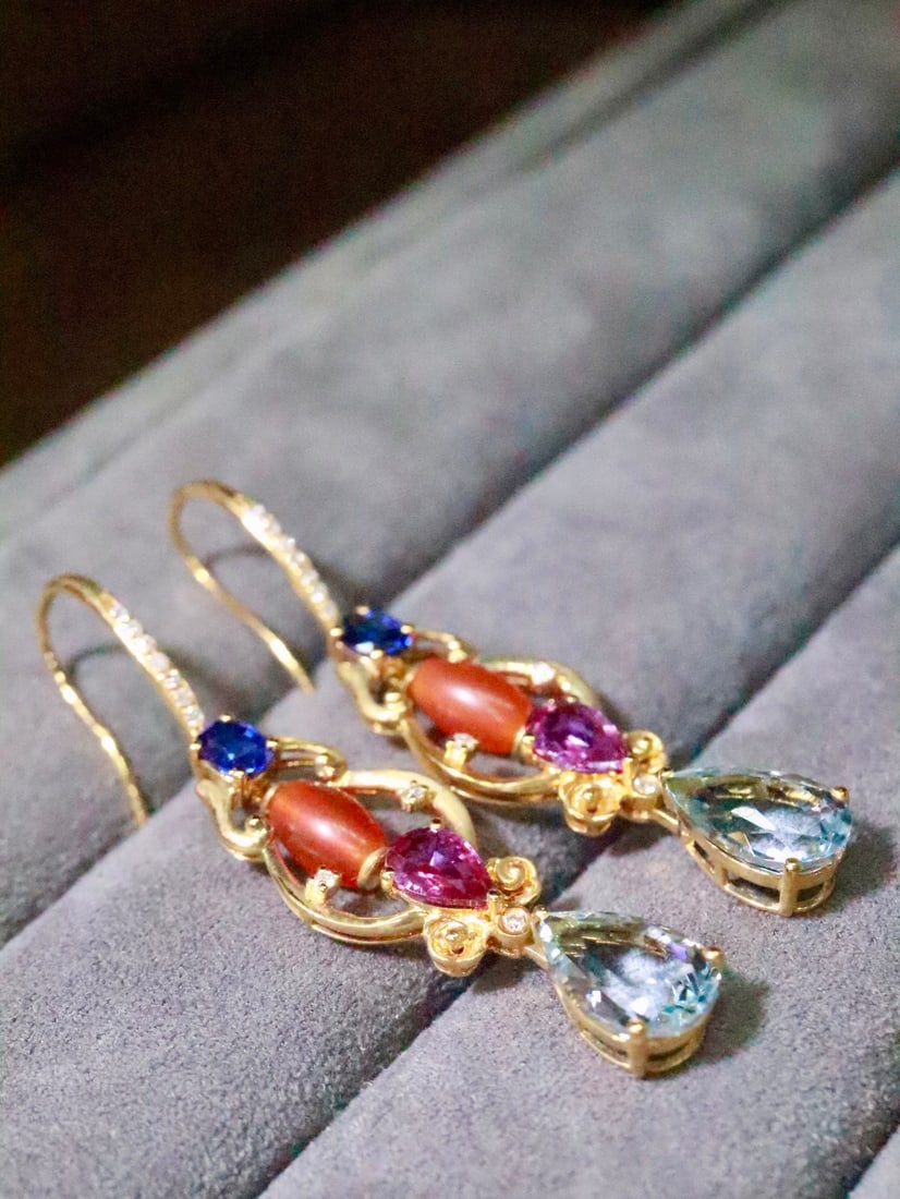 18K Gold Natural Aquamarine Earrings - 4