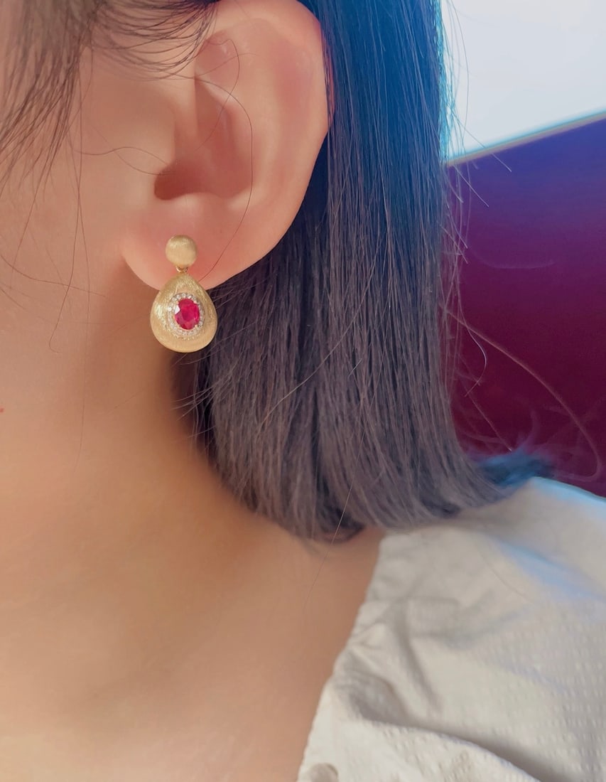 18K Gold Natural Unheated Ruby Earrings - 2